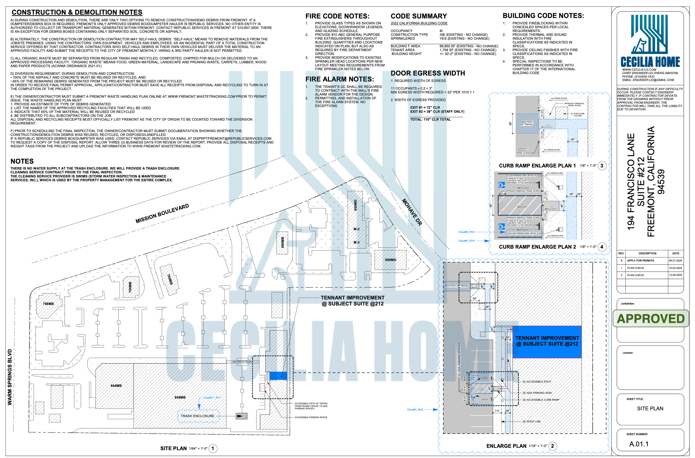 Corrected Fremont permit plan set with plan check revisions and code notes