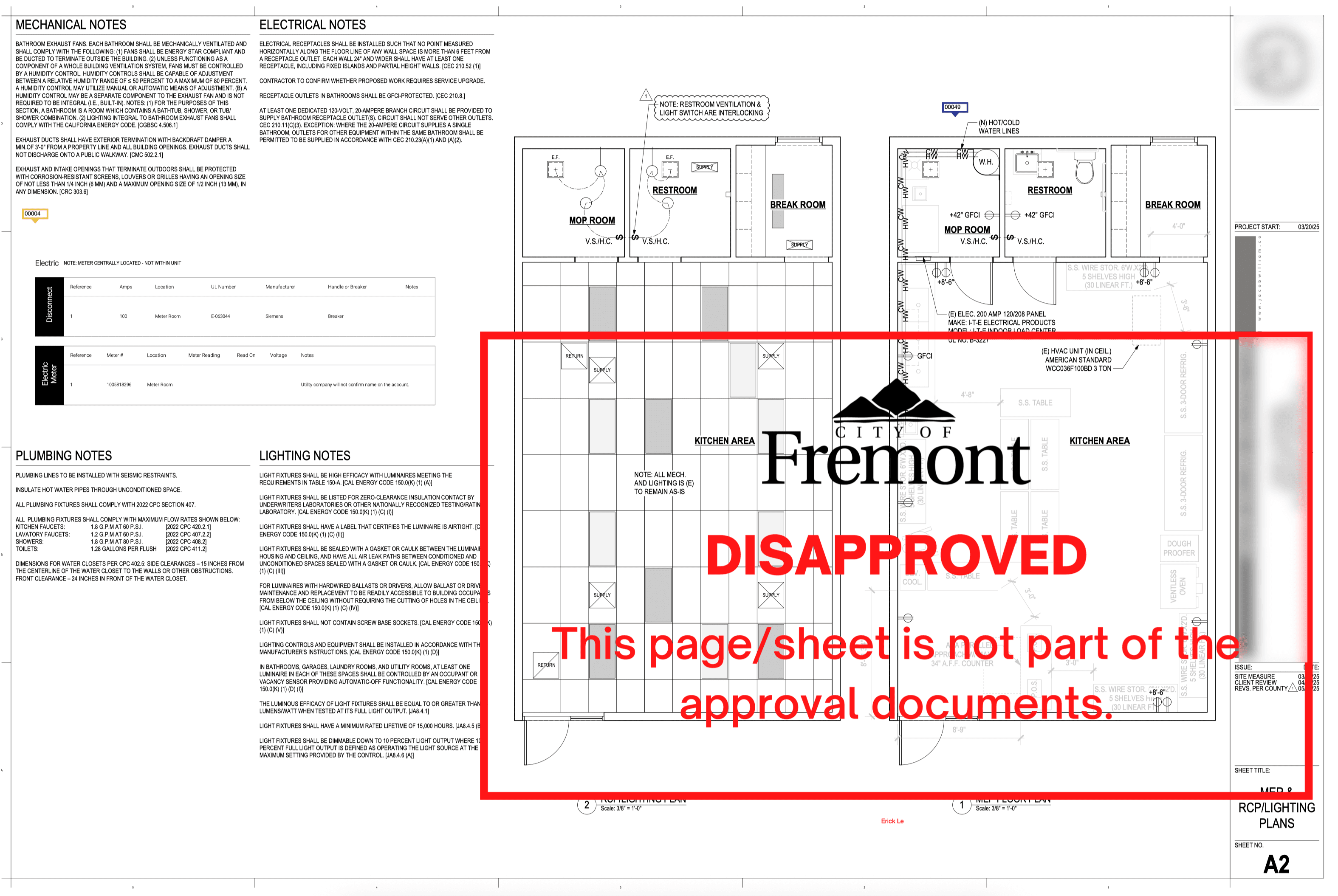 Fremont City plan check comments showing disapproved restroom conversion drawings