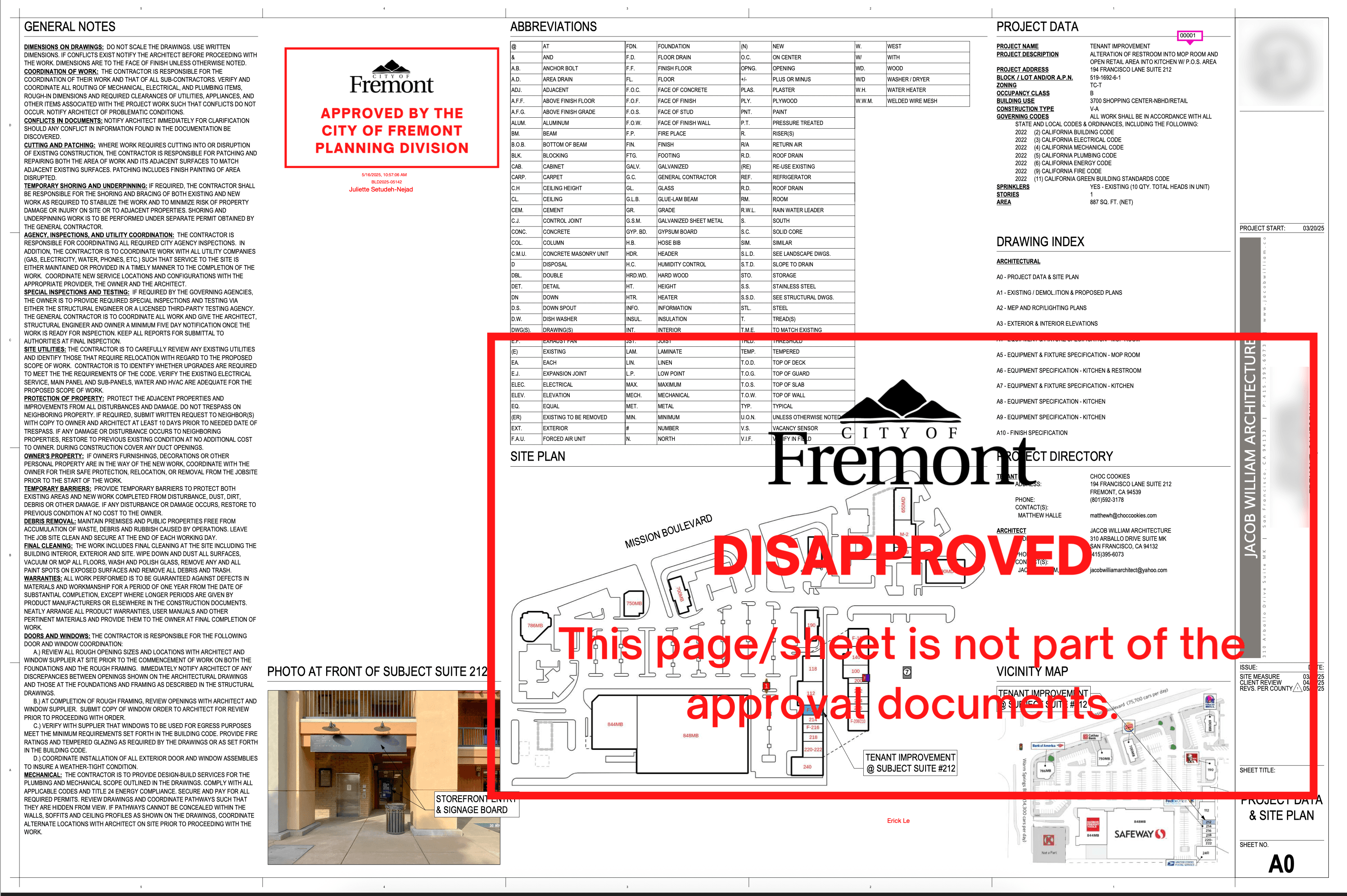 City disapproval notice on kitchen layout with compliance issues