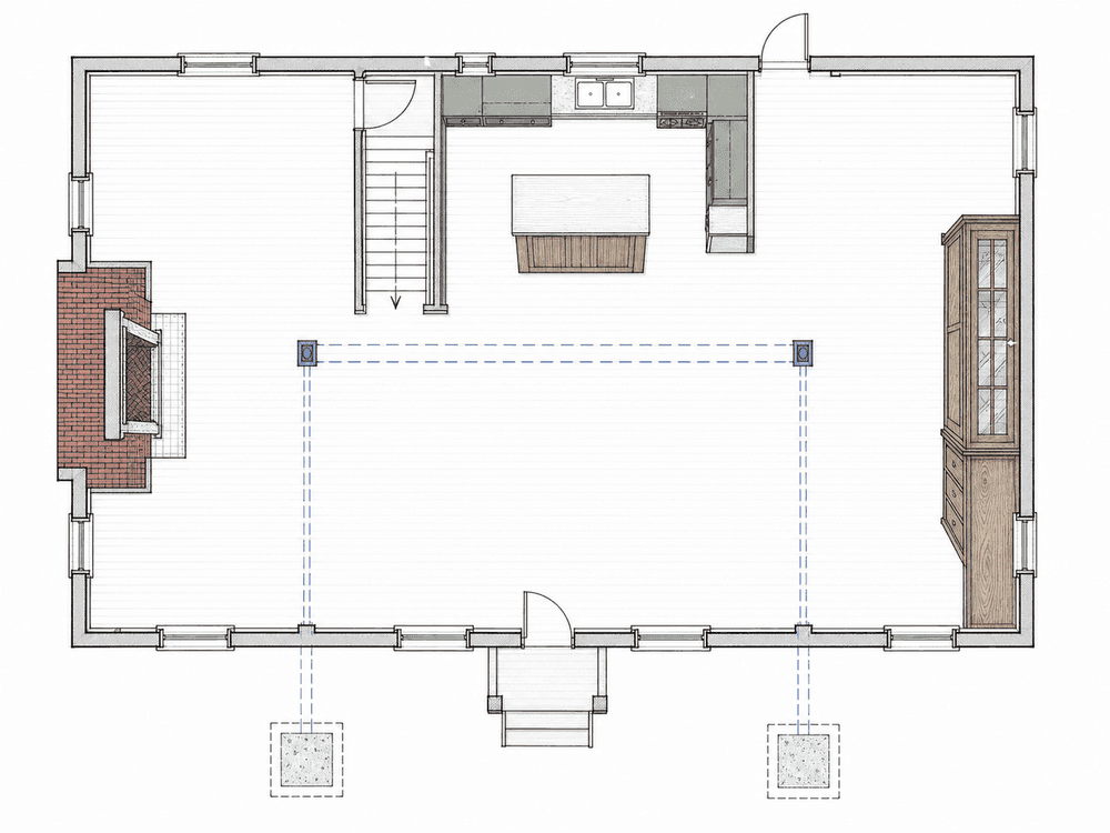 Floor plan showing two removed wall segments and one open span