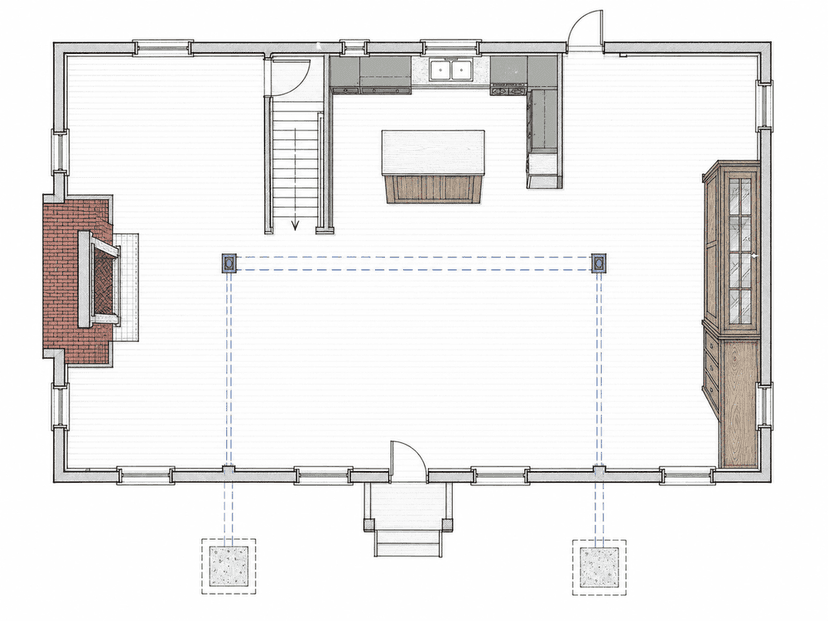 Floor plan showing two removed wall segments and one open span
