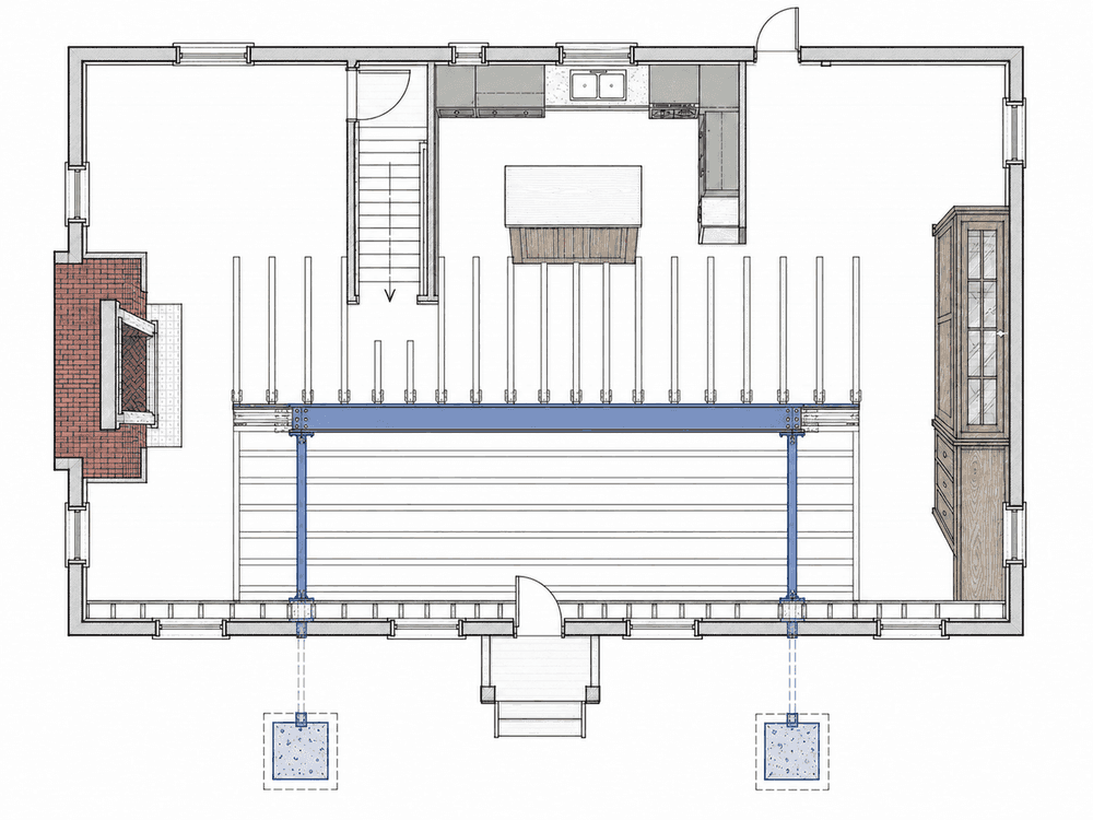 Steel beam framing plan with posts and basement footings