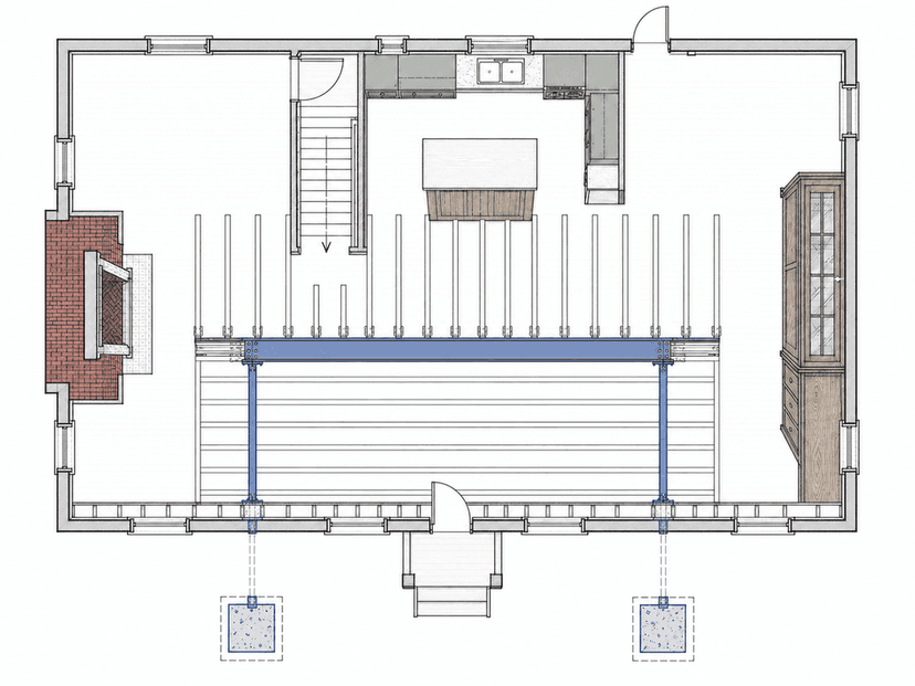 Steel beam framing plan with posts and basement footings