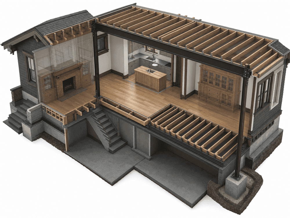 Cutaway of the Oakland steel beam and foundation load path