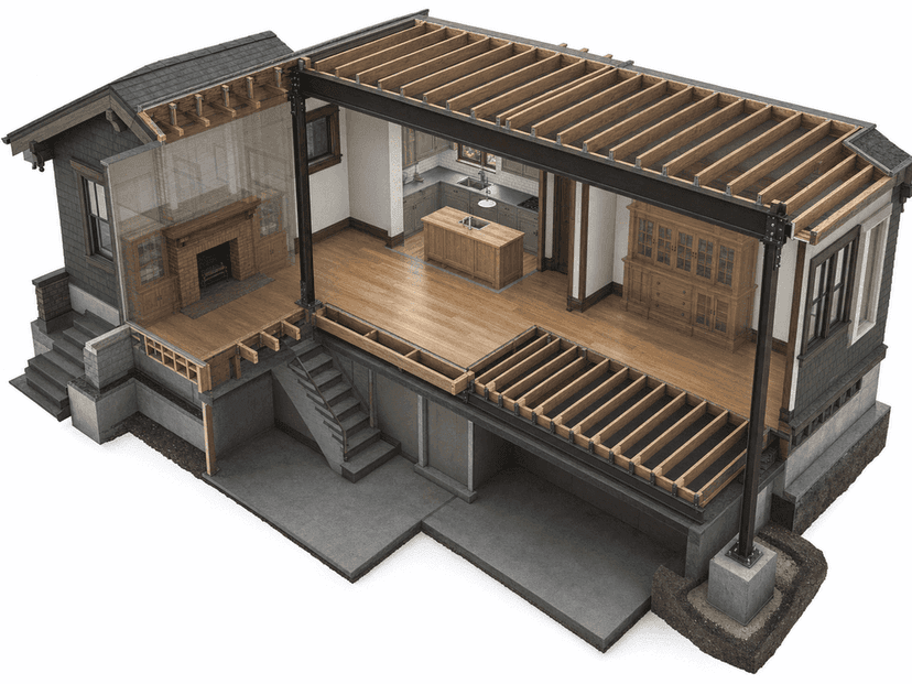 Cutaway of the Oakland steel beam and foundation load path
