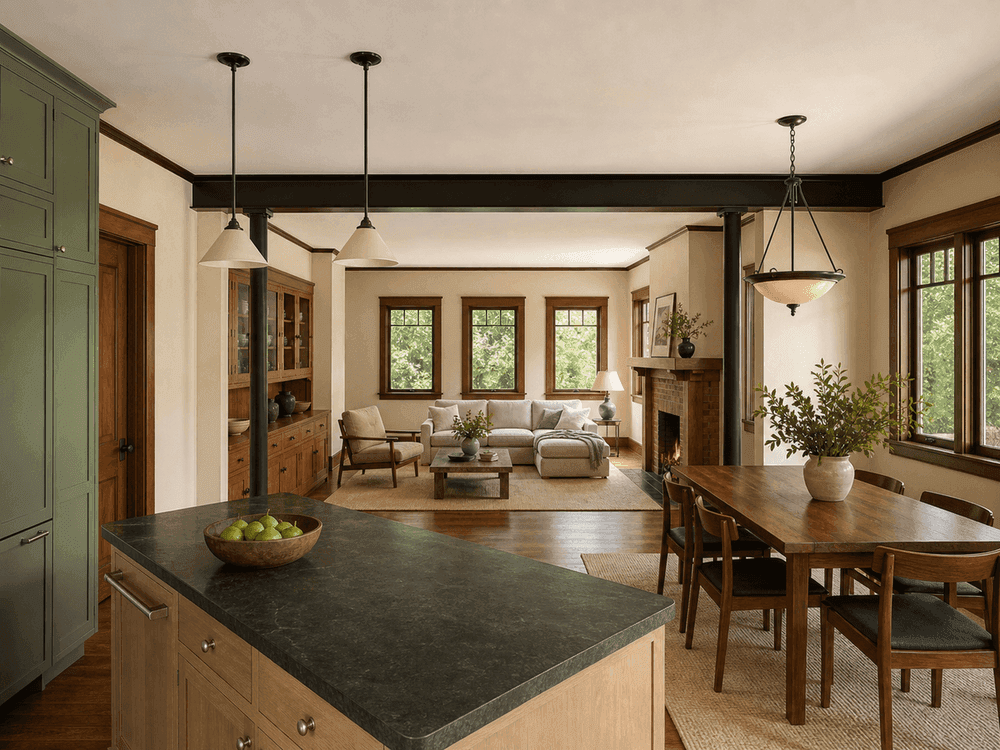 Oakland kitchen opened to the Craftsman living room