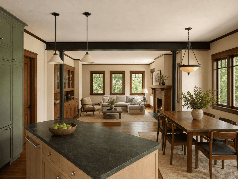 Oakland kitchen opened to the Craftsman living room