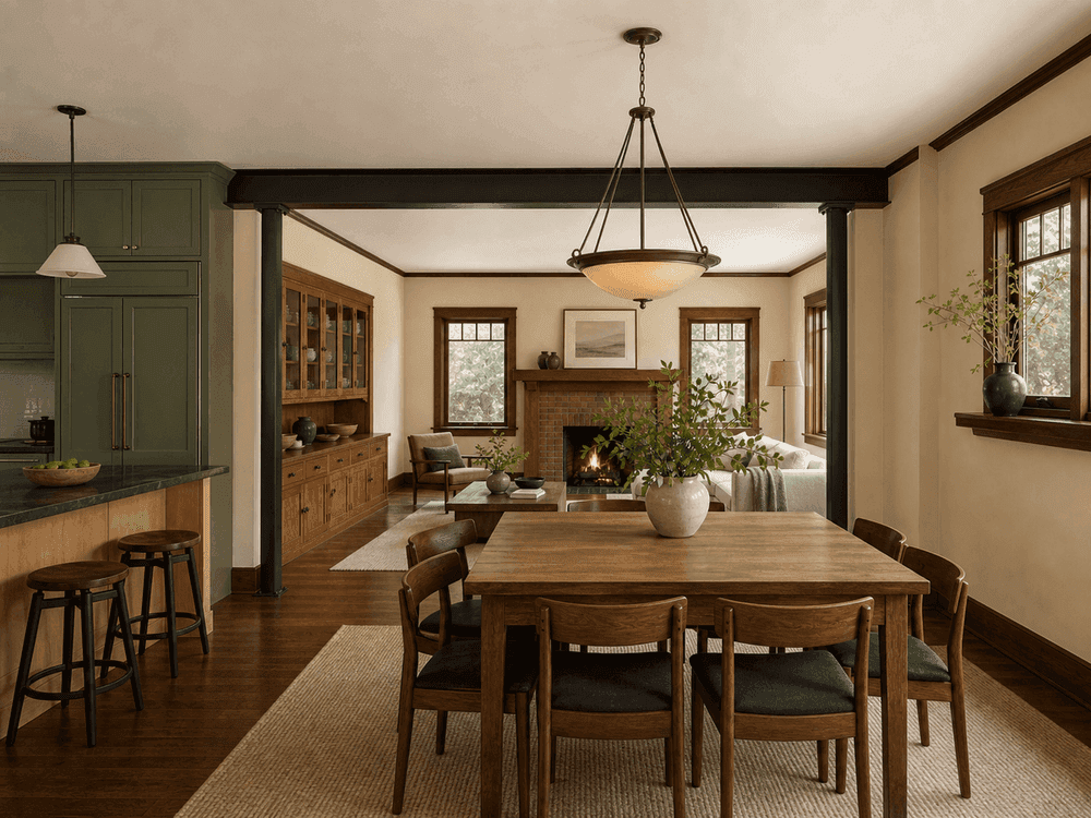 Dining room beneath the exposed bronze steel beam