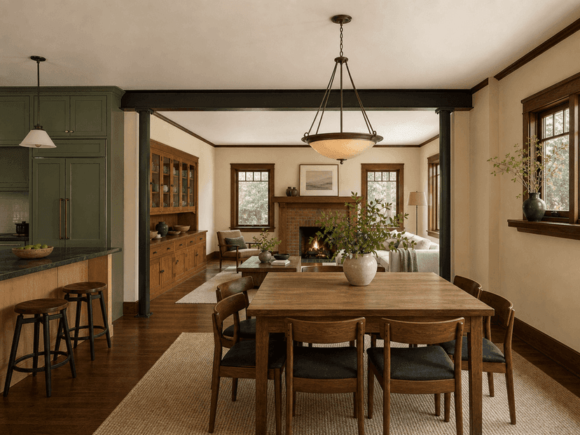 Dining room beneath the exposed bronze steel beam