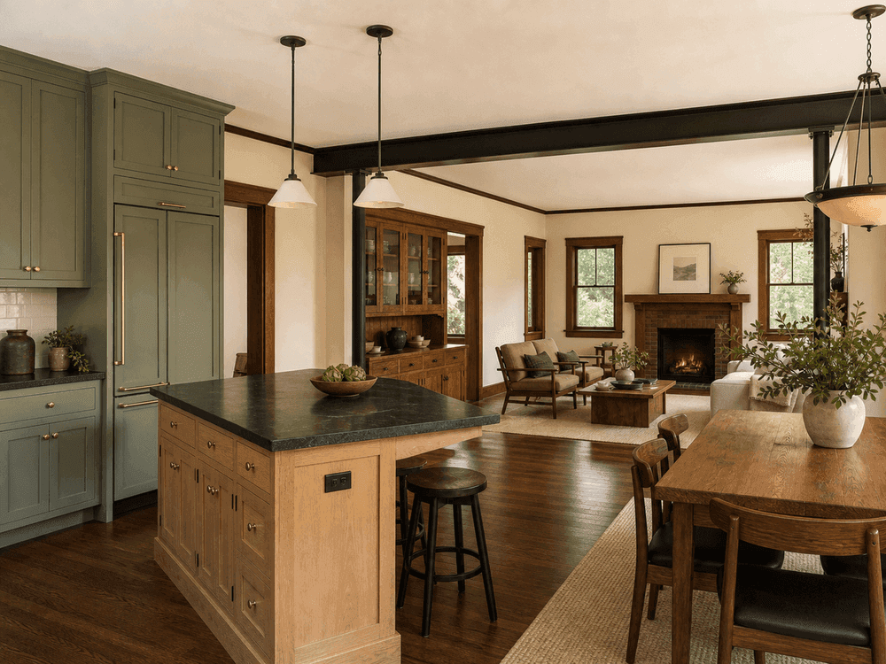 Sage Craftsman kitchen and white oak island after wall removal