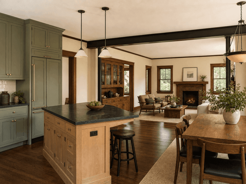 Sage Craftsman kitchen and white oak island after wall removal