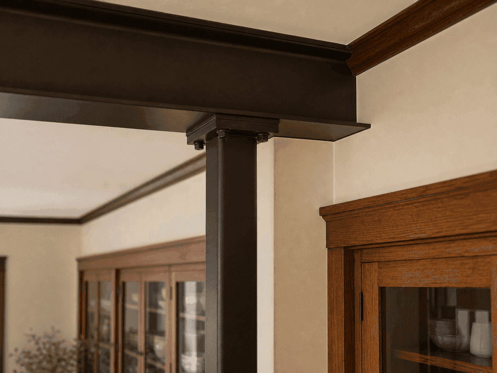 Bronze steel beam connection beside restored oak casing