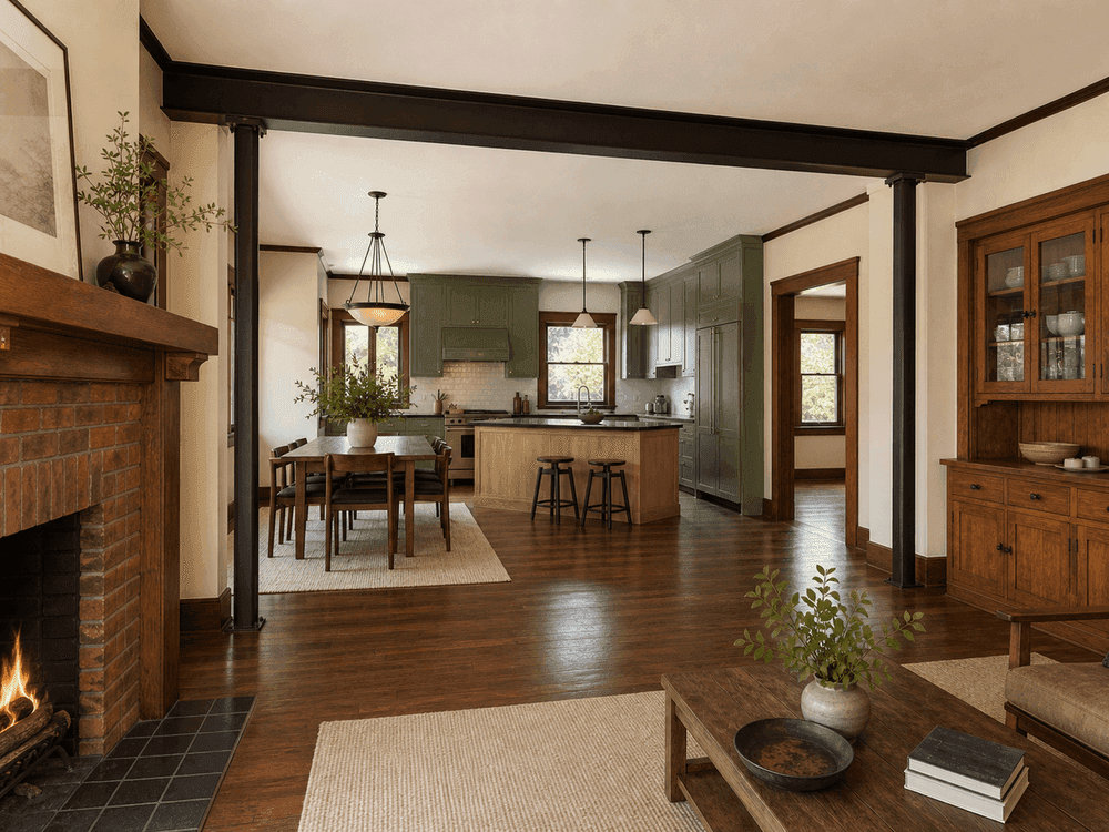 Preserved fireplace looking toward the open kitchen