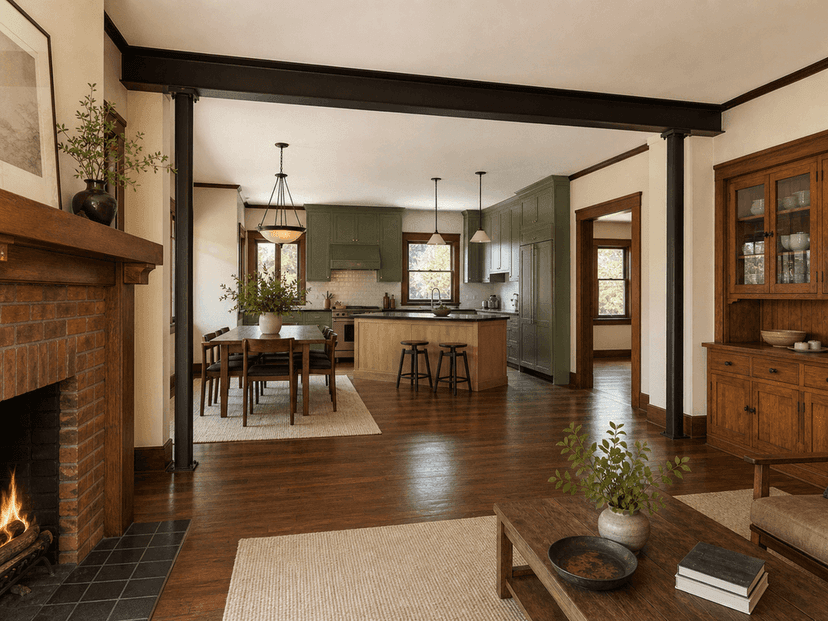Preserved fireplace looking toward the open kitchen