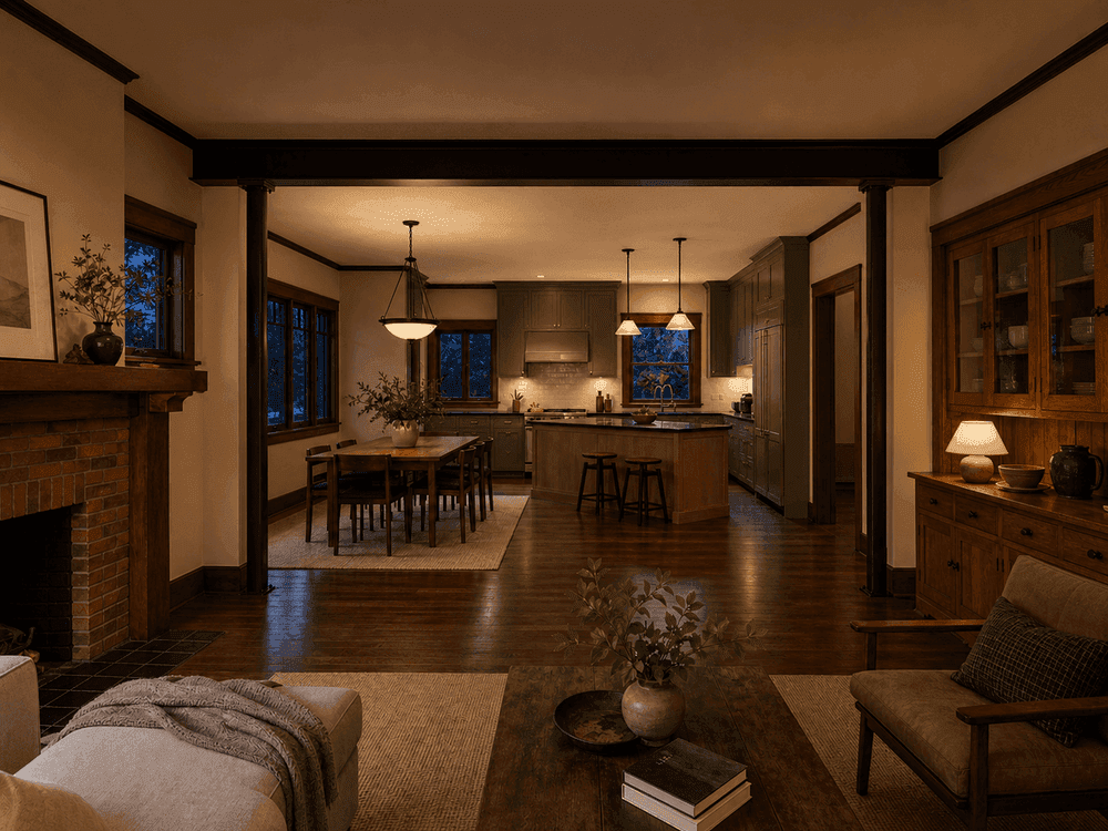 Open Oakland Craftsman kitchen and living spaces at dusk
