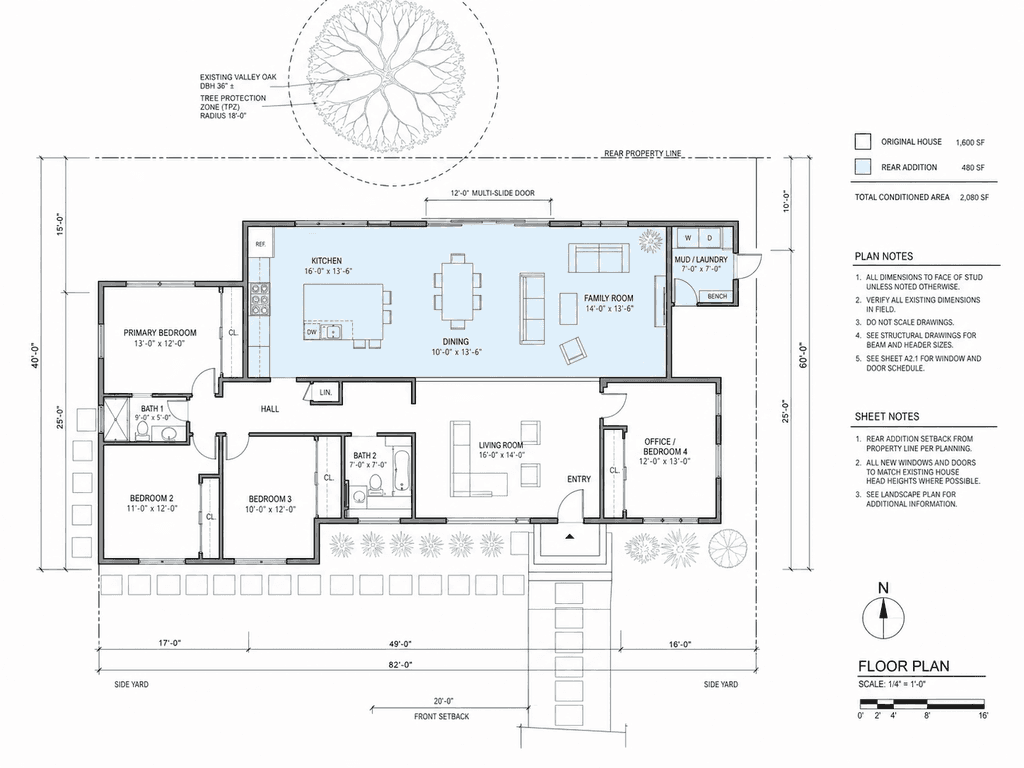 Floor plan showing the 480 SF rear addition and oak tree protection zone