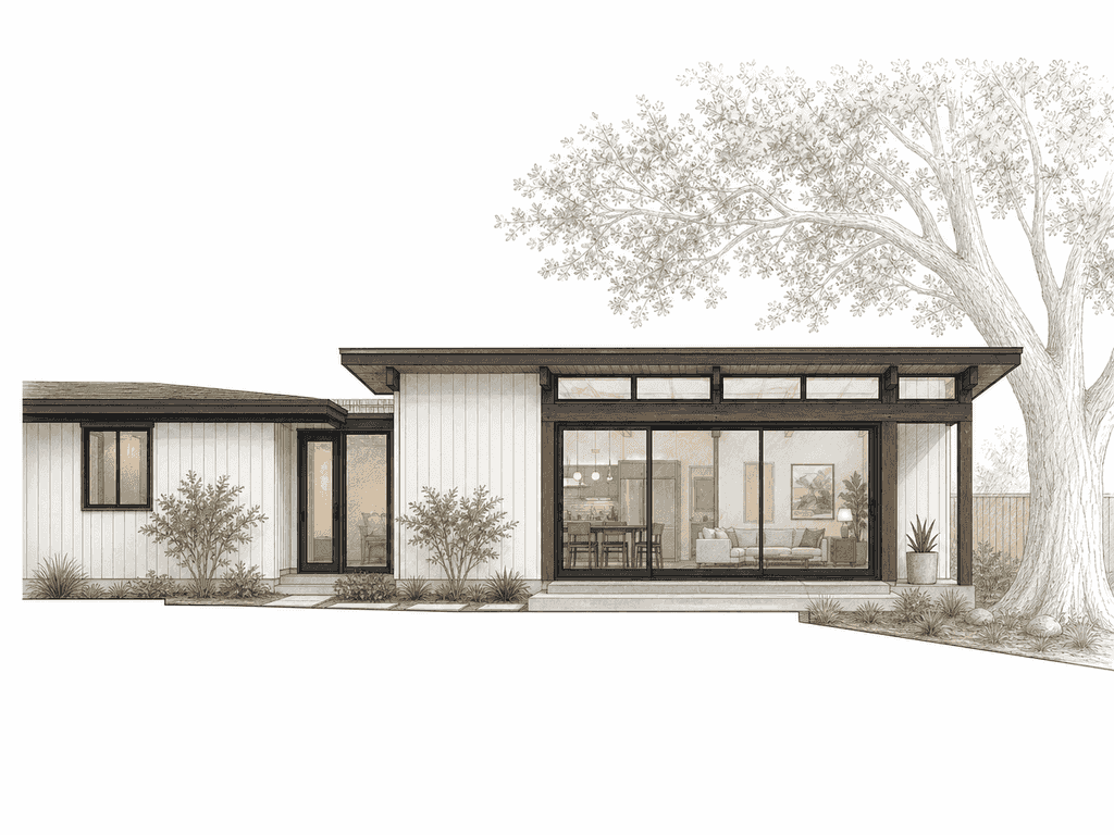 Rear elevation rendering showing the continued roofline and clerestory band