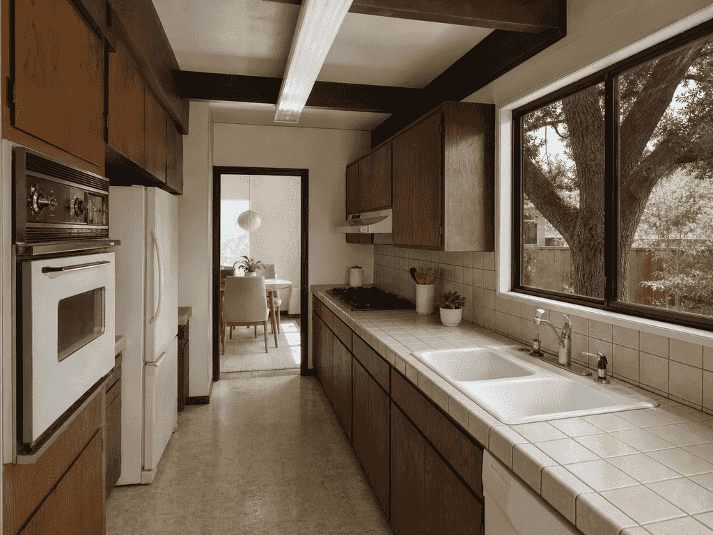 Original dark galley kitchen before the rear extension