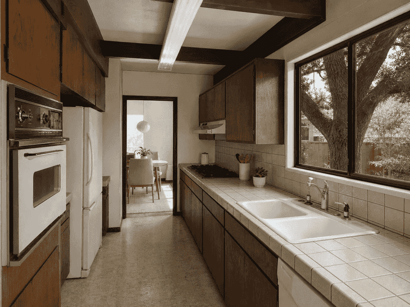 Original dark galley kitchen before the rear extension