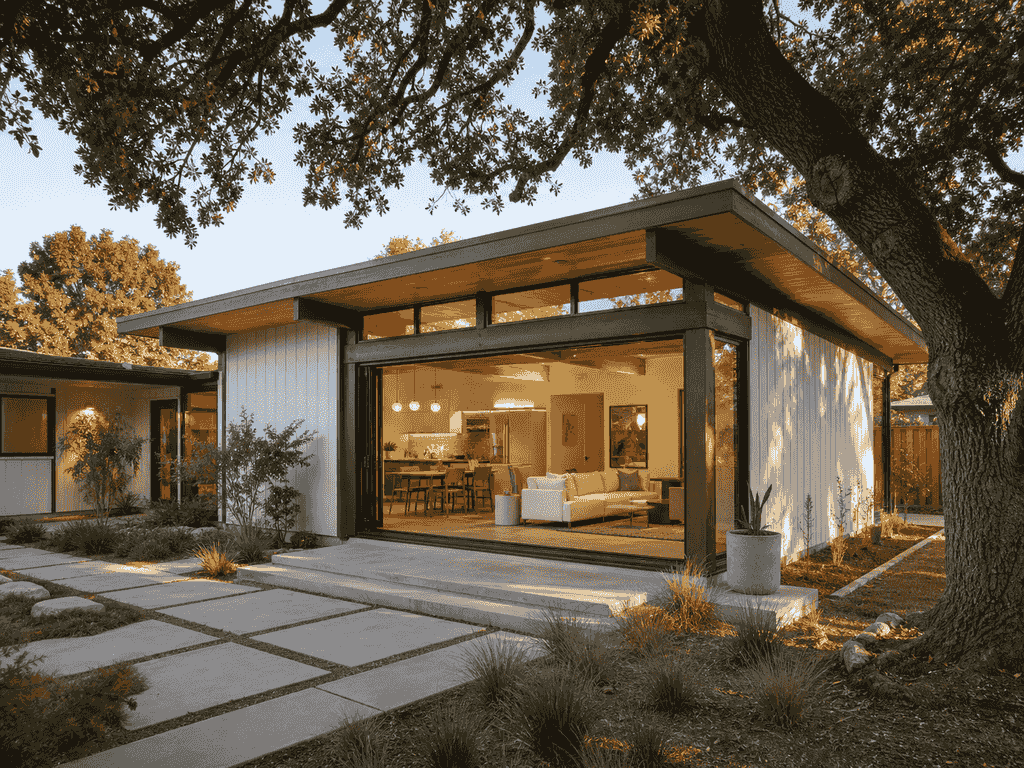 Palo Alto mid-century home with new rear addition opening to the garden through a 12-foot glass wall
