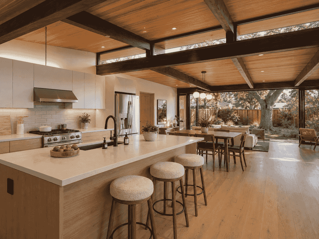 New open kitchen with island facing the dining and family area