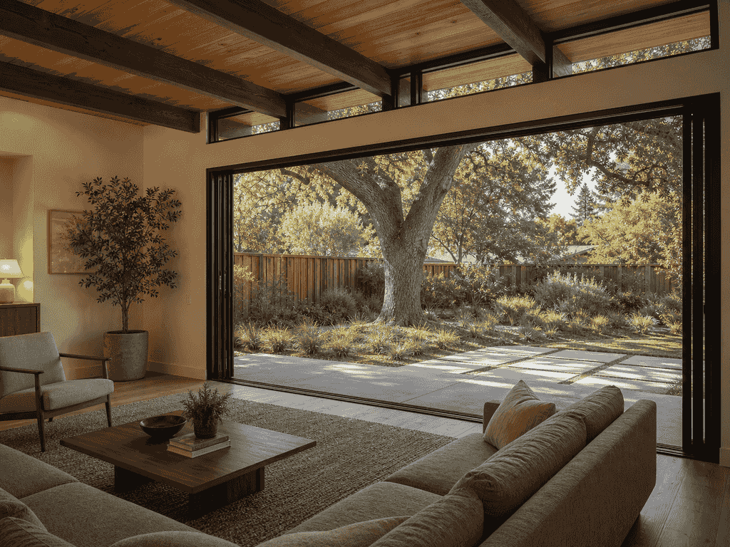 New family room with 12-foot multi-slide glass door fully open to the patio