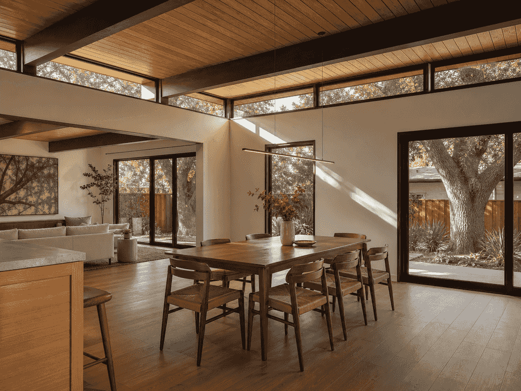 Dining area lit by the clerestory band between old and new roofs