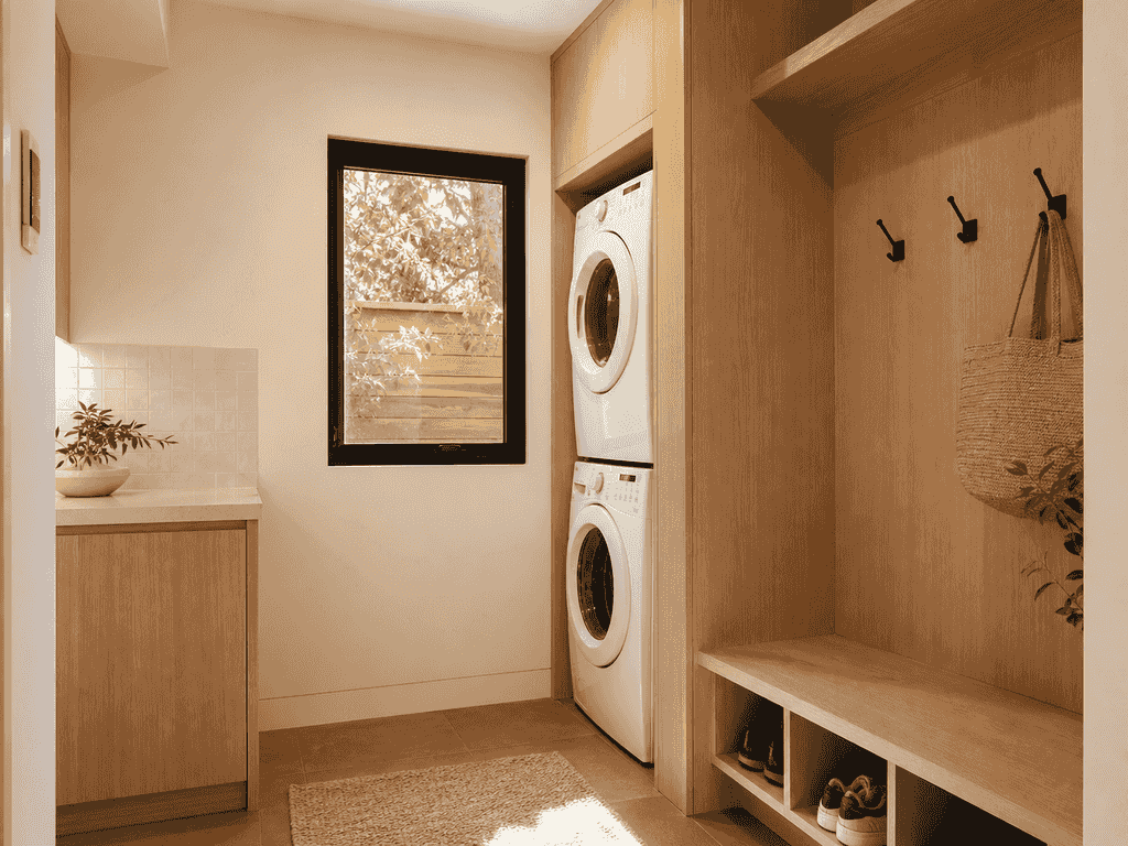 Relocated laundry and mudroom tucked behind the new kitchen