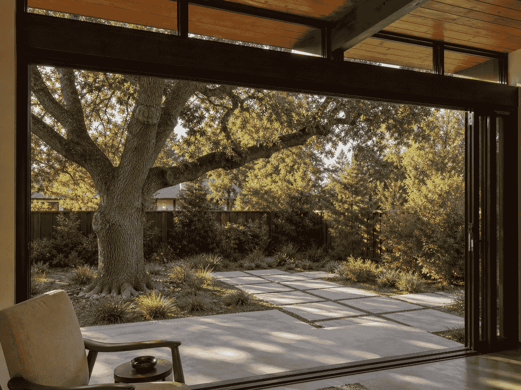 View from the family room toward the preserved valley oak