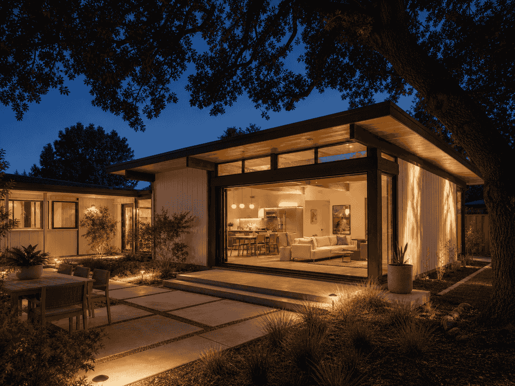 Twilight view of the glowing new addition and patio