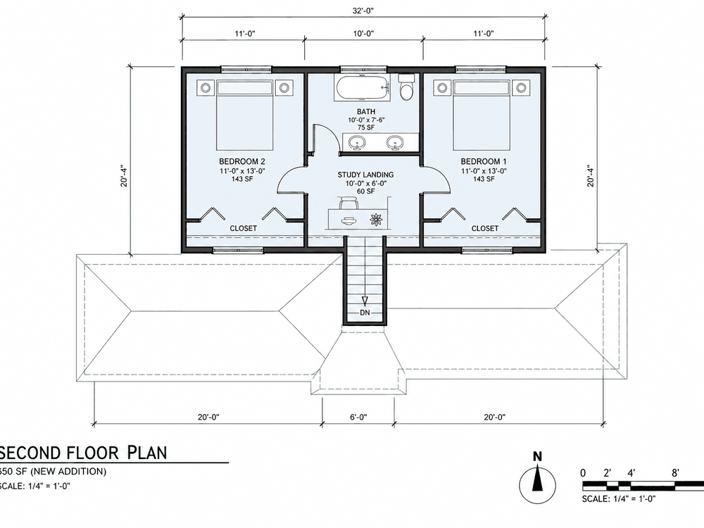 Second-floor plan showing two new bedrooms, bathroom, and study landing