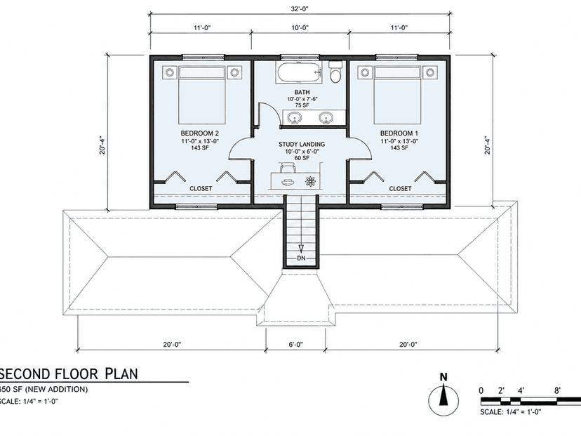 Second-floor plan showing two new bedrooms, bathroom, and study landing