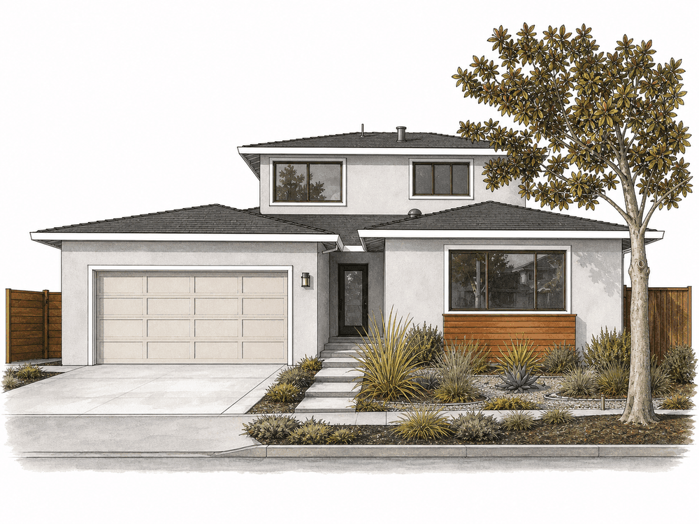 Street elevation rendering showing stepped-back second-story massing