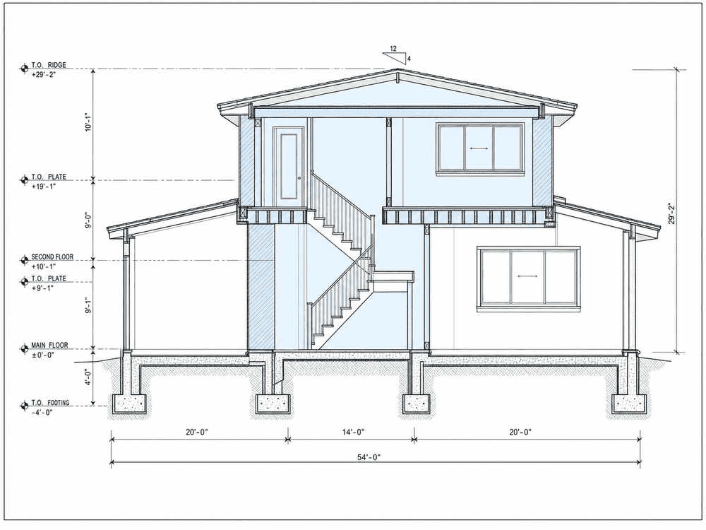 Building section showing new staircase and upgraded structural framing