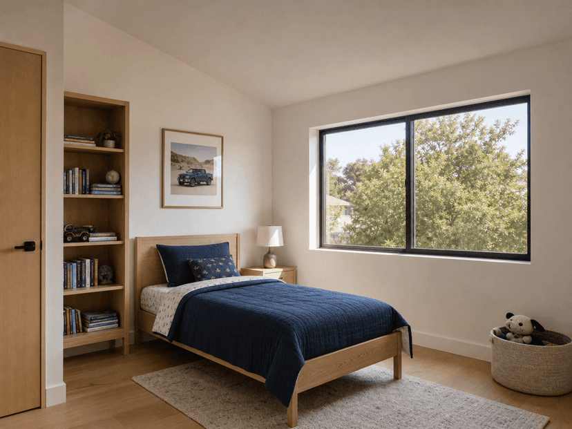 New upstairs kids bedroom with sloped ceiling and dormer window