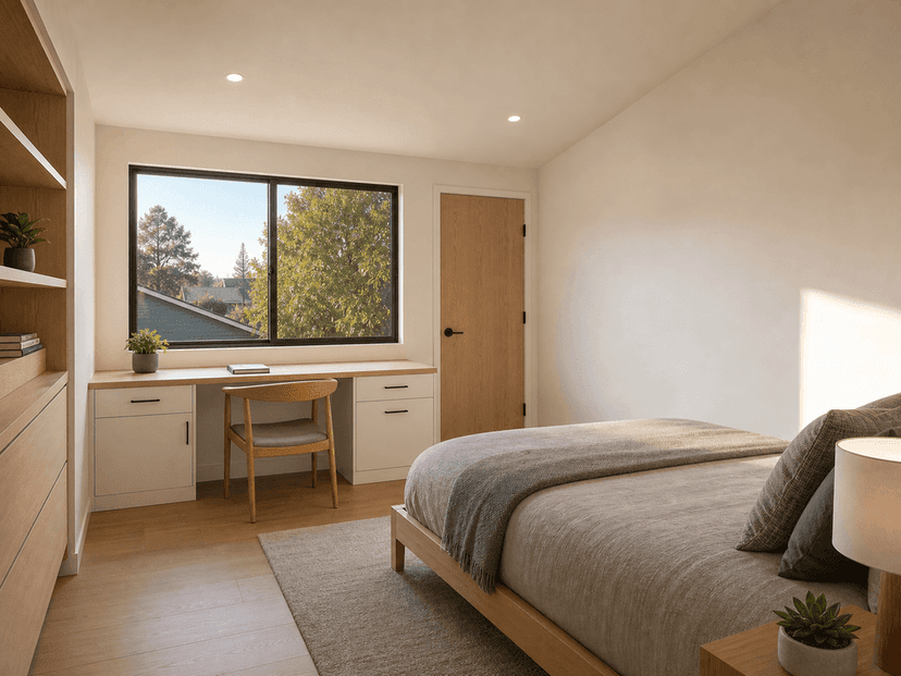 Second new upstairs bedroom with built-in desk and garden view