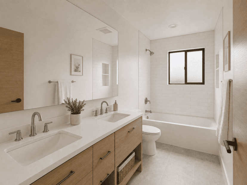 New full bathroom on the second floor with double vanity and tub