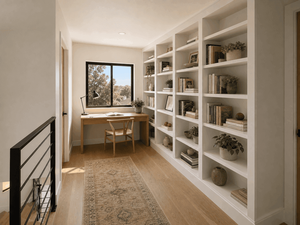 Study landing at the top of the stairs with built-in shelving