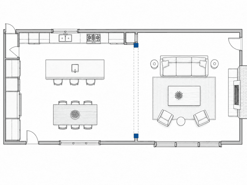 Floor plan showing the removed wall and new 16-foot opening