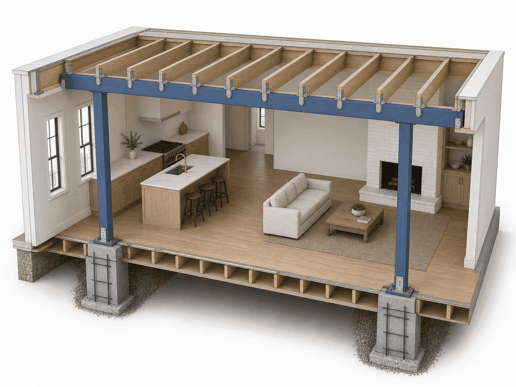 Cutaway showing the concealed beam load path to the foundation