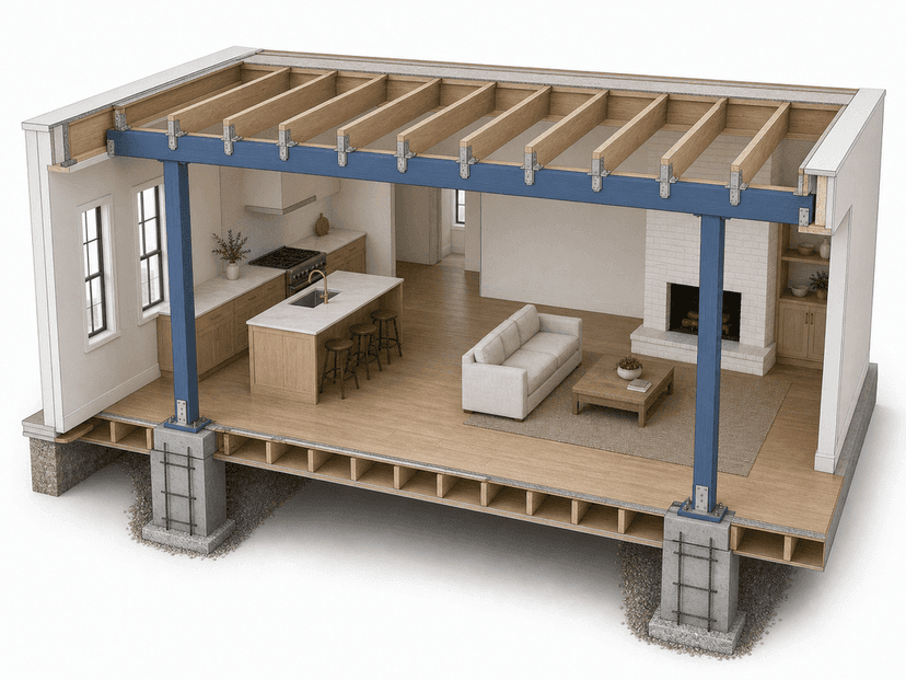 Cutaway showing the concealed beam load path to the foundation