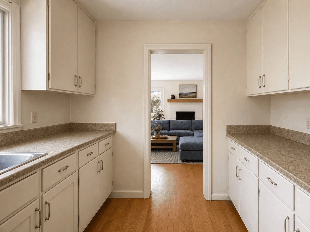 Narrow doorway from the original galley kitchen to the living room