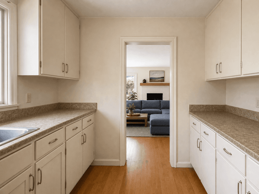 Narrow doorway from the original galley kitchen to the living room