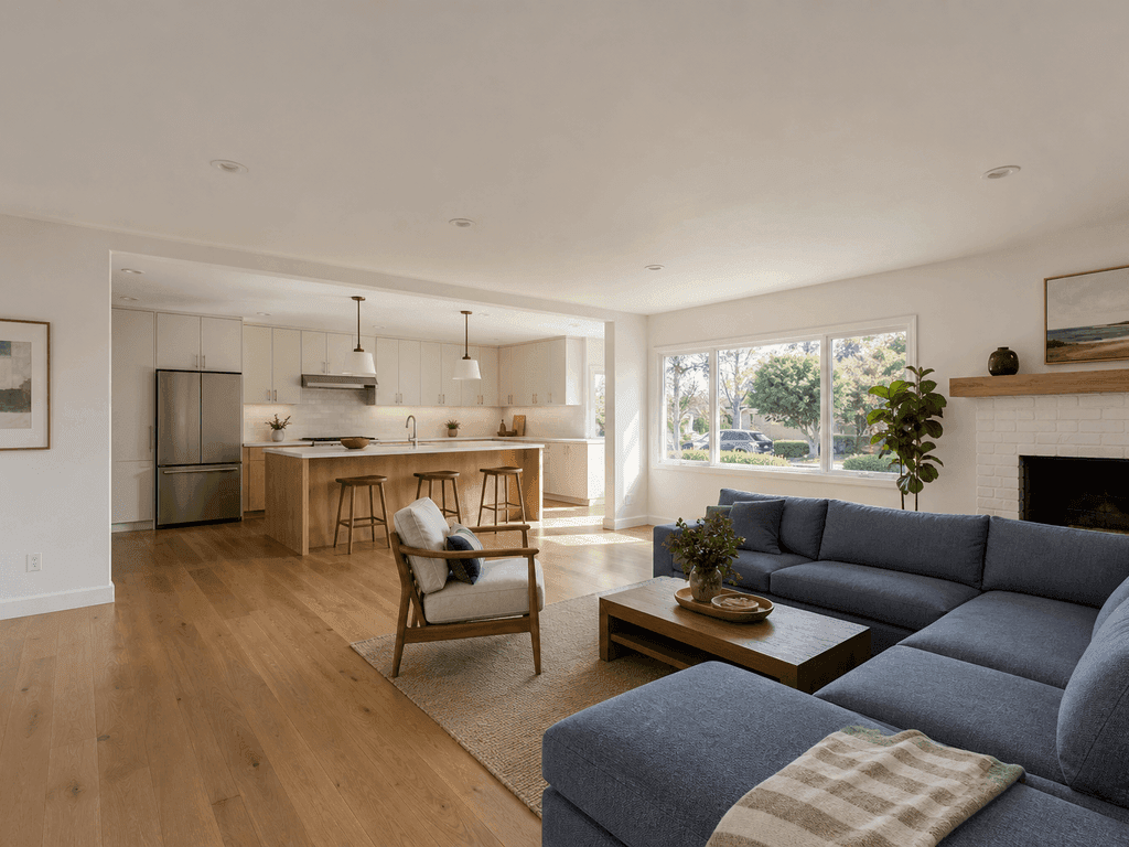 Open San Mateo kitchen and living room with a concealed 16-foot structural beam