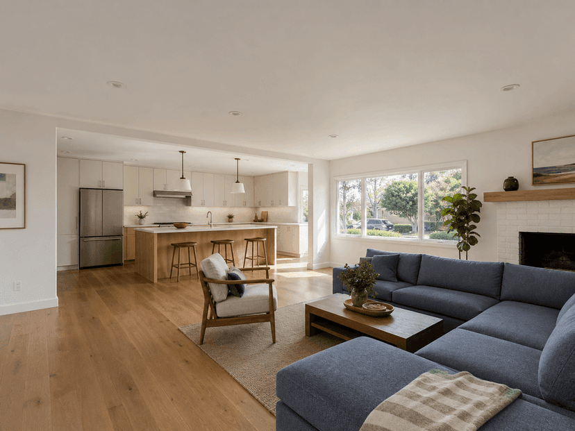 Open San Mateo kitchen and living room with a concealed 16-foot structural beam