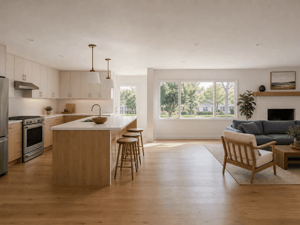 White oak kitchen island facing the connected living room