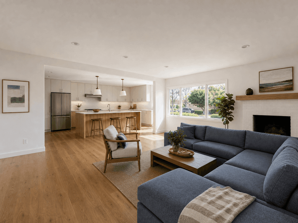 Living room and retained fireplace open to the kitchen