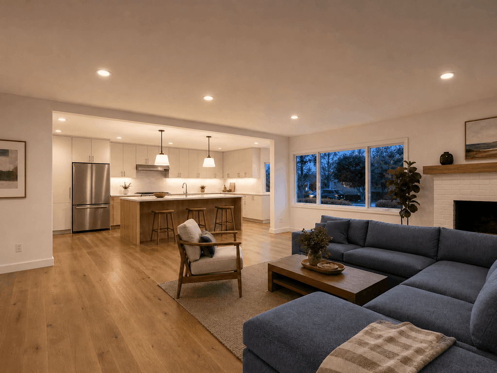 Connected kitchen and living room in the early evening