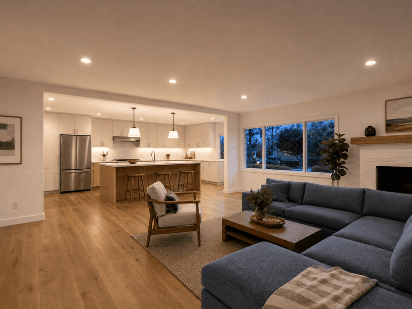 Connected kitchen and living room in the early evening