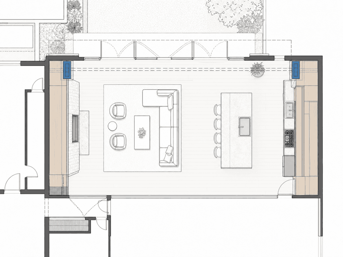 Floor plan showing the 18-foot wall removal and clear opening
